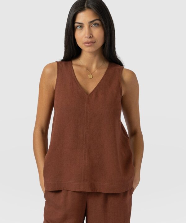 Corinne Linen V Neck Tunic - Russet Brown