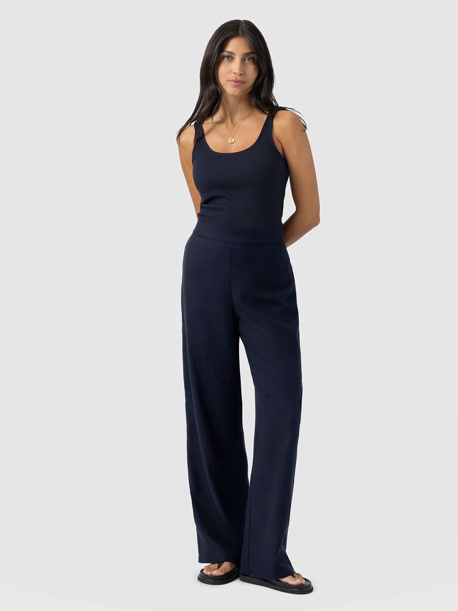 Corinne Wide Leg Linen Pant - Navy - Image 3