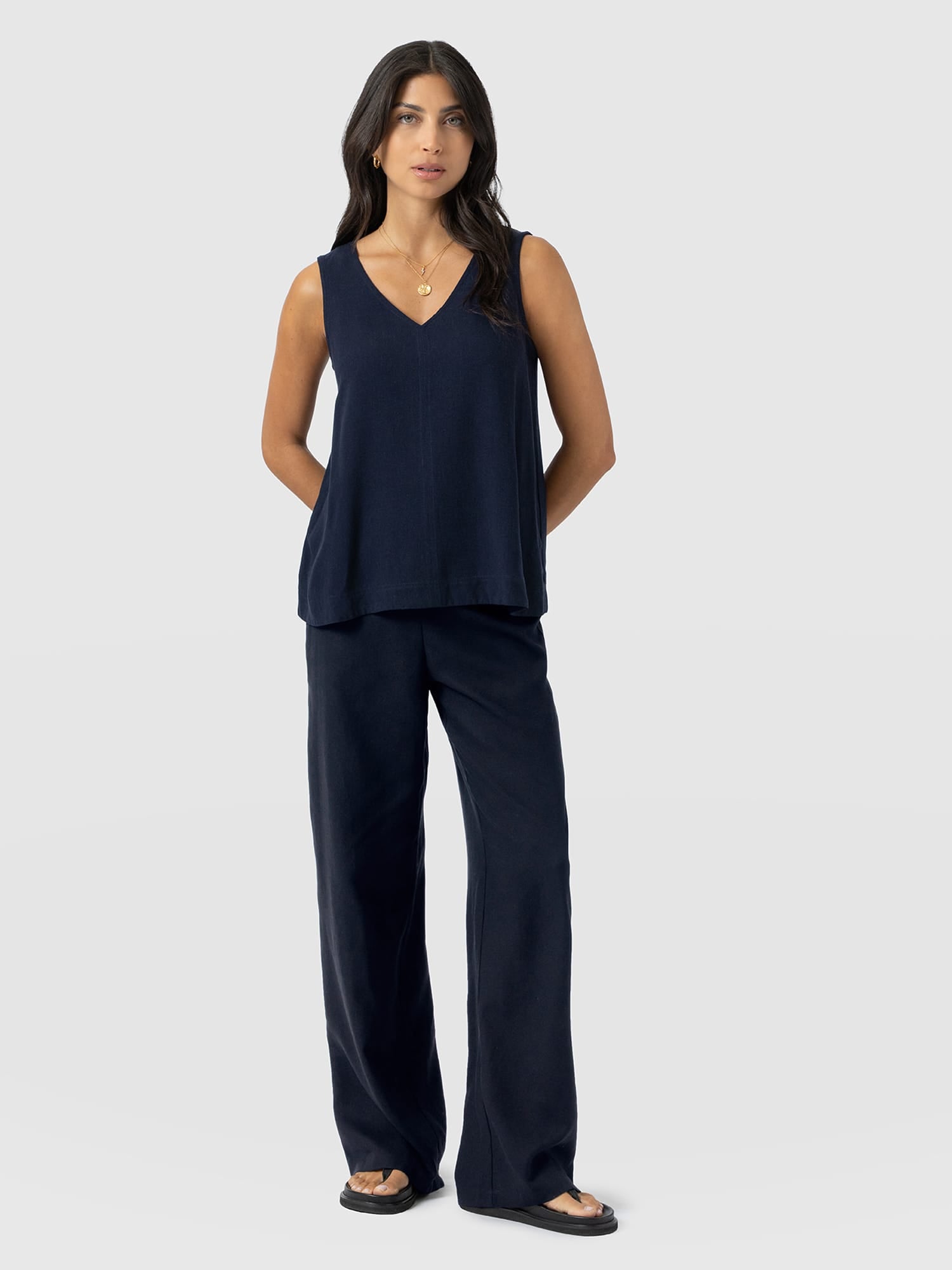 Corinne Wide Leg Linen Pant - Navy