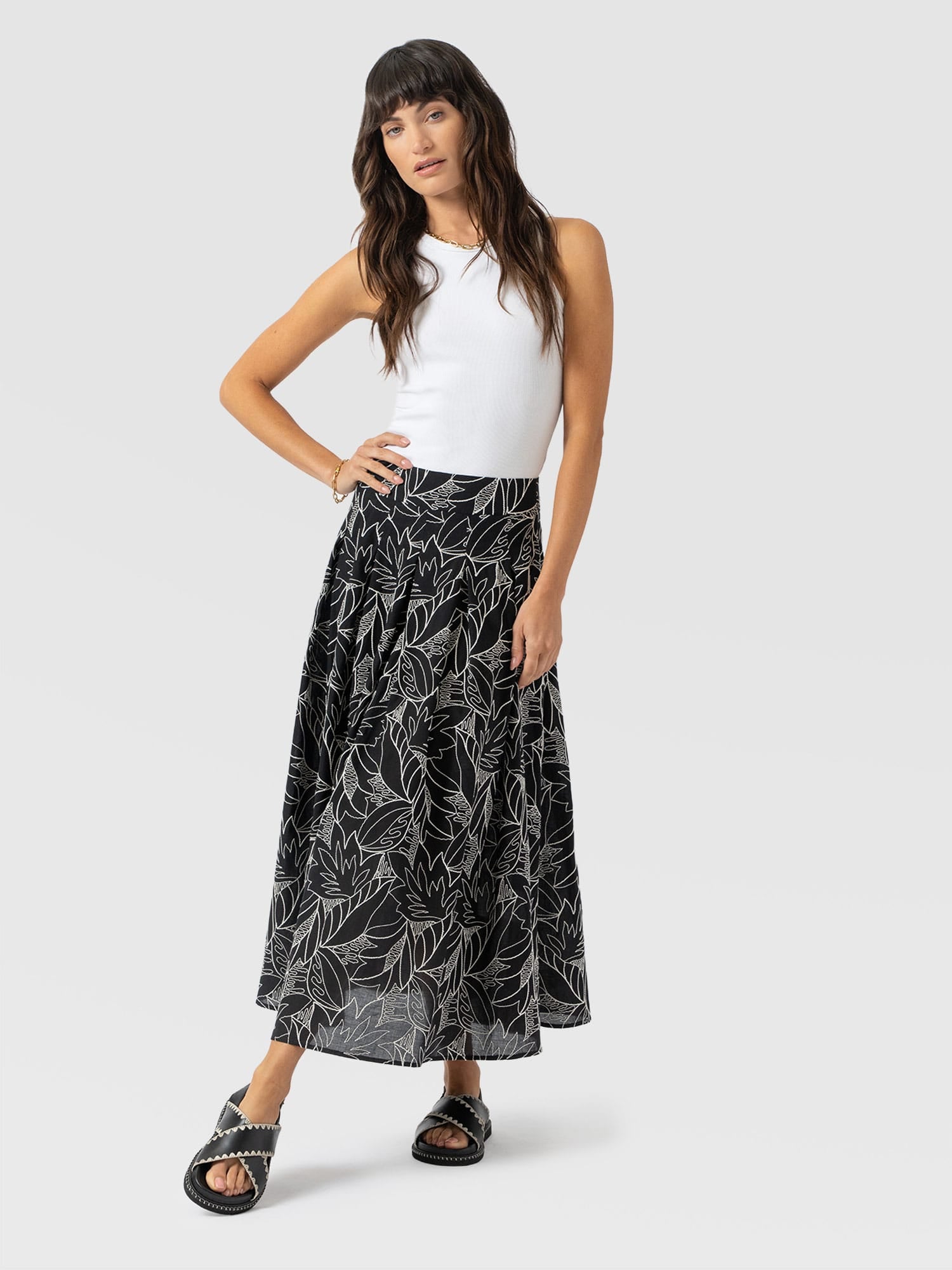 Eliza Pleated Skirt - Black Embroidered